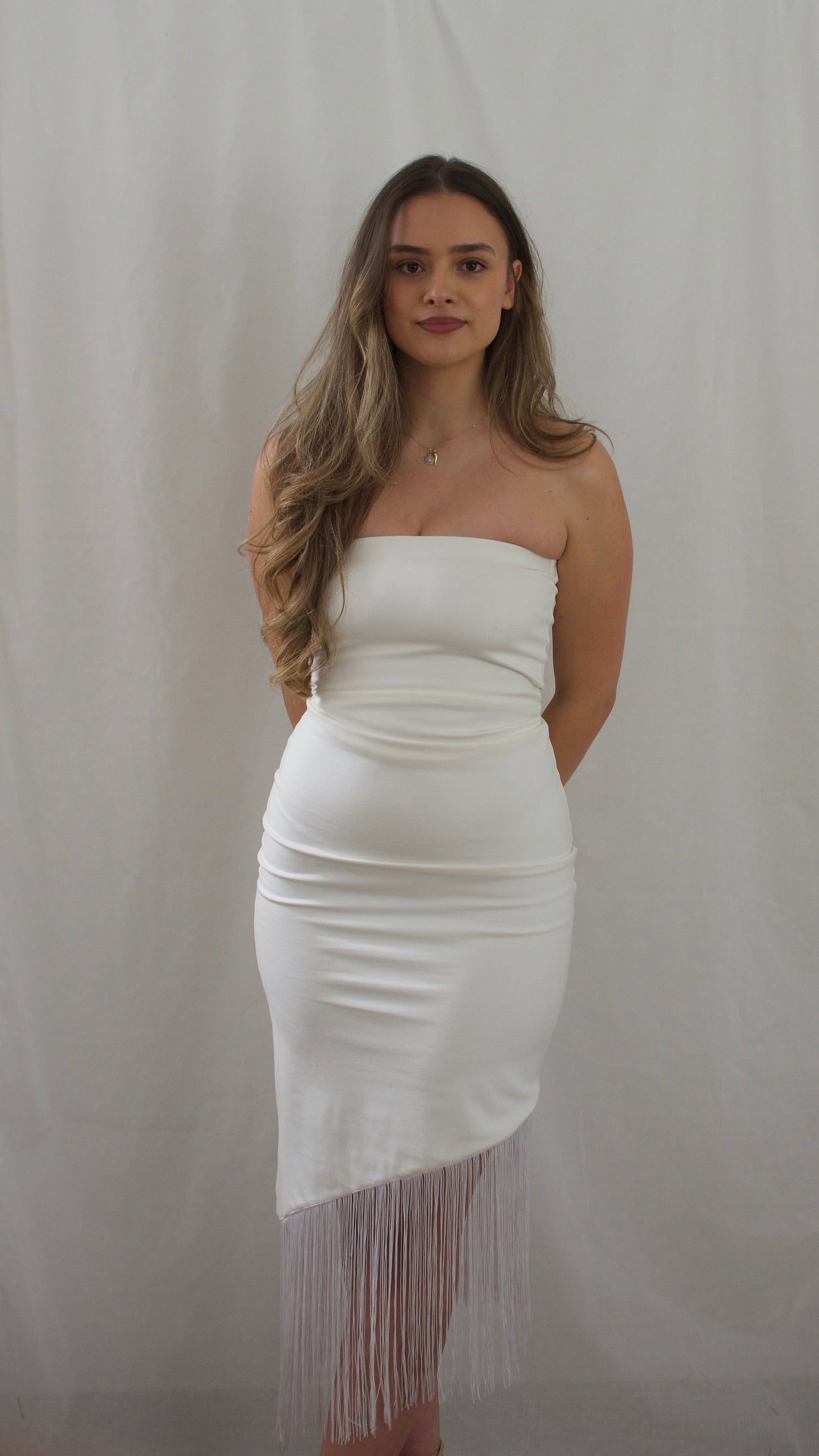 #2602 Asymmetrical Fringe Midi Dress