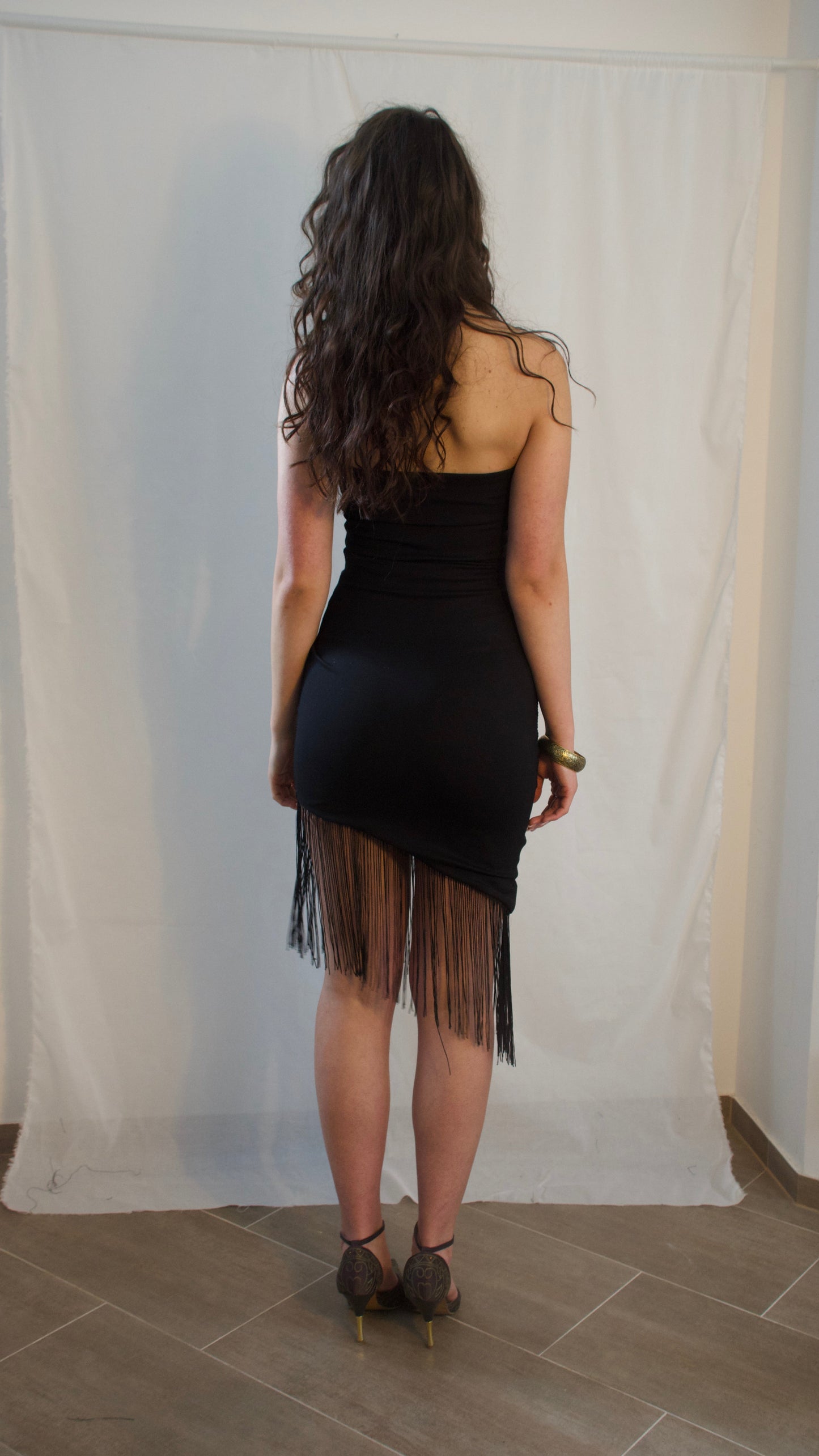 #2607 Asymmetrical Fringe Mini Dress