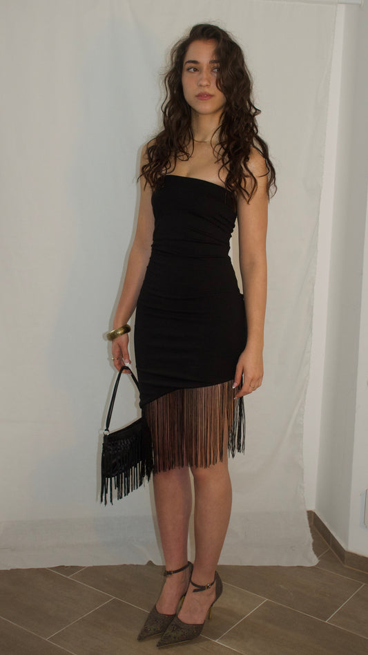 #2607 Asymmetrical Fringe Mini Dress
