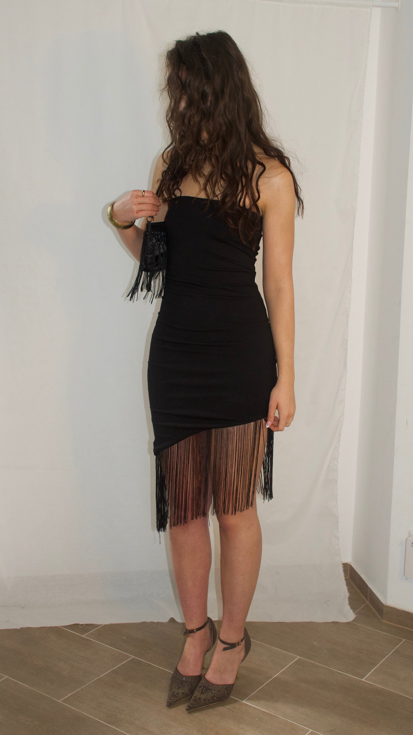 #2607 Asymmetrical Fringe Mini Dress
