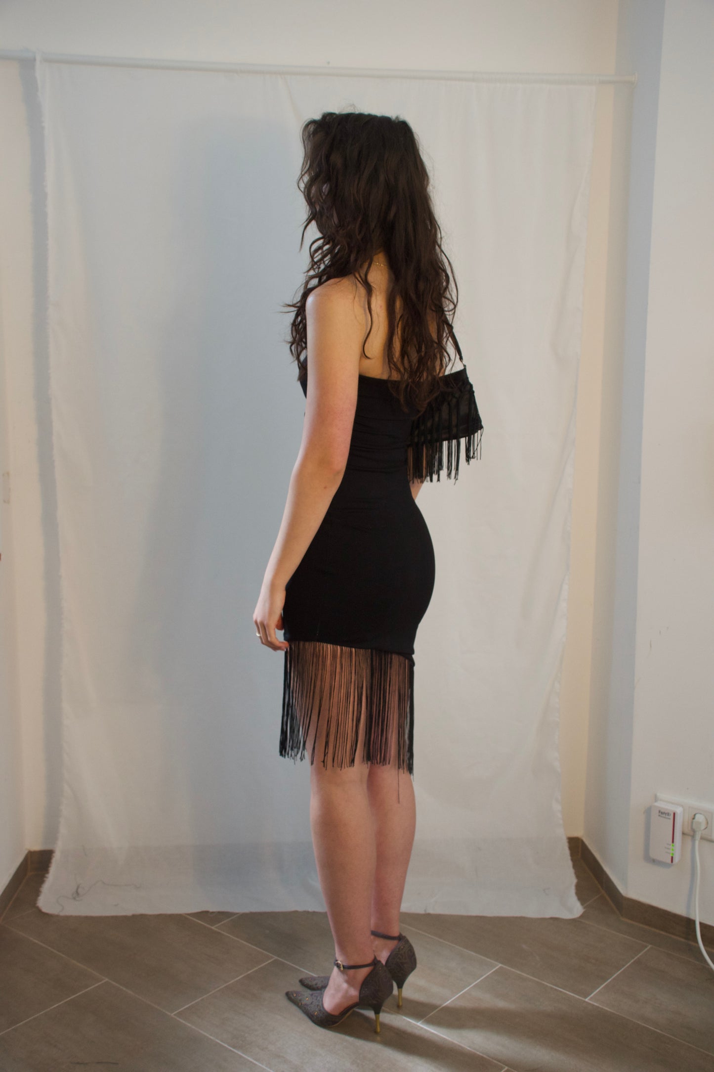 #2607 Asymmetrical Fringe Mini Dress