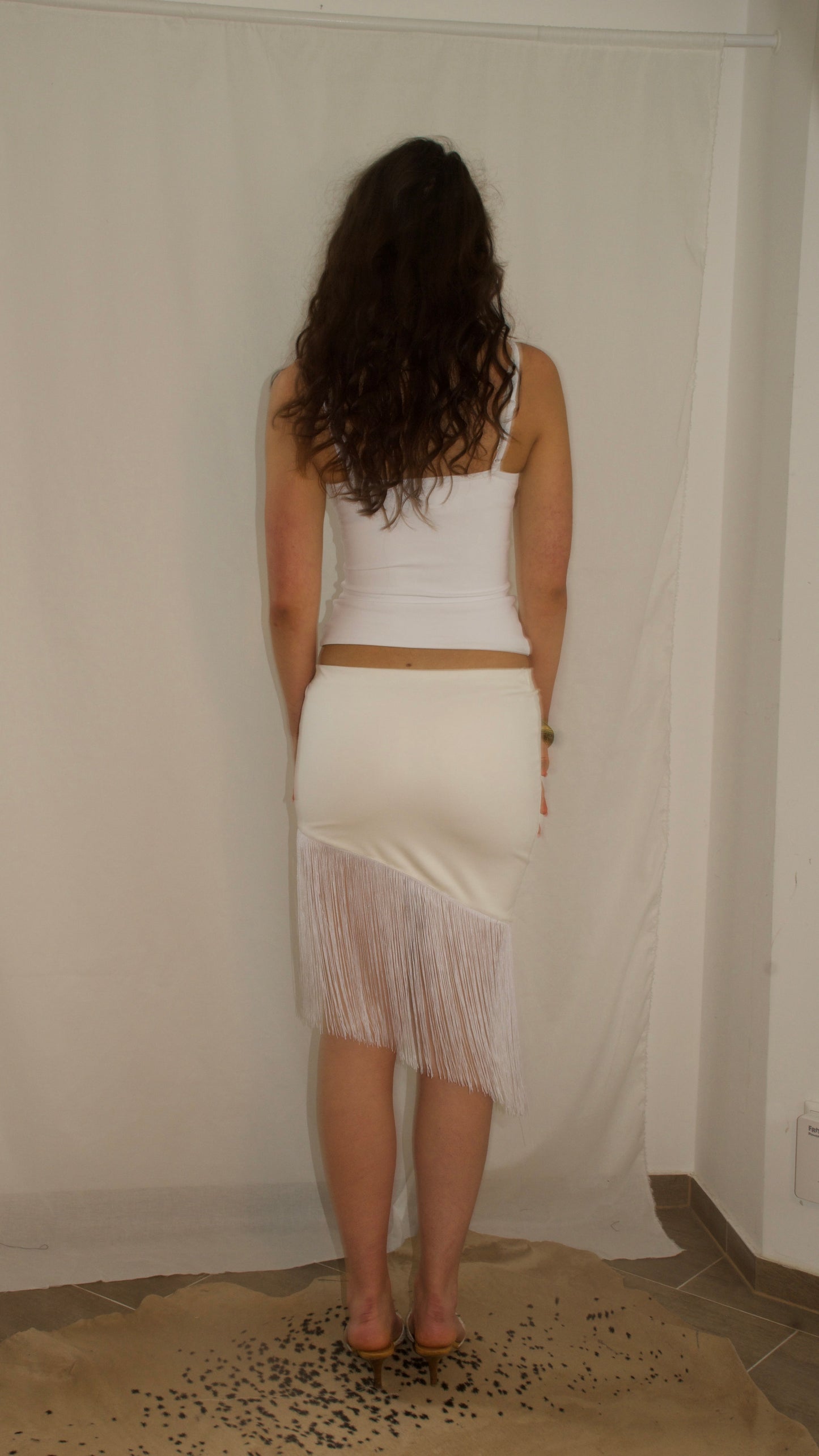 #2609 Asymmetrical Fringe Mini Skirt
