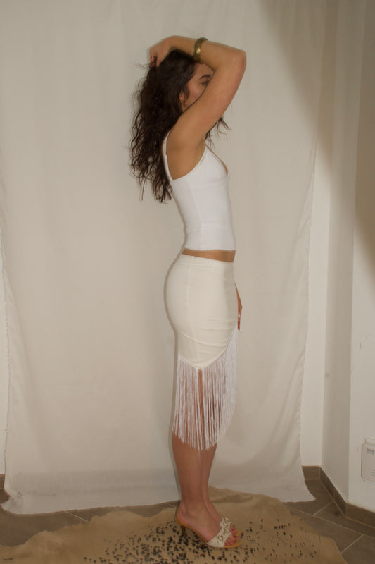 #2609 Asymmetrical Fringe Mini Skirt