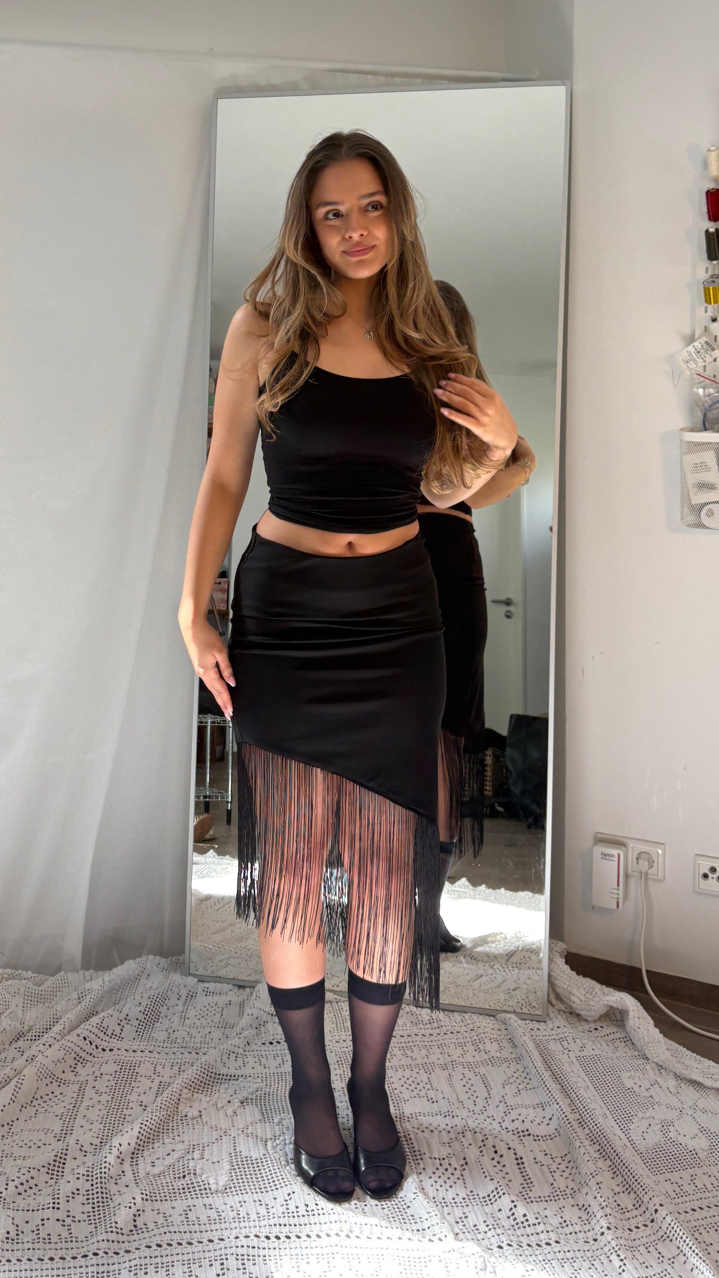 #2601 Asymmetrical Fringe Midi Skirt